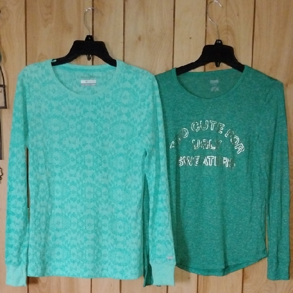 Set of two green long sleeve tops.Columbia & Victoria Secret PINK